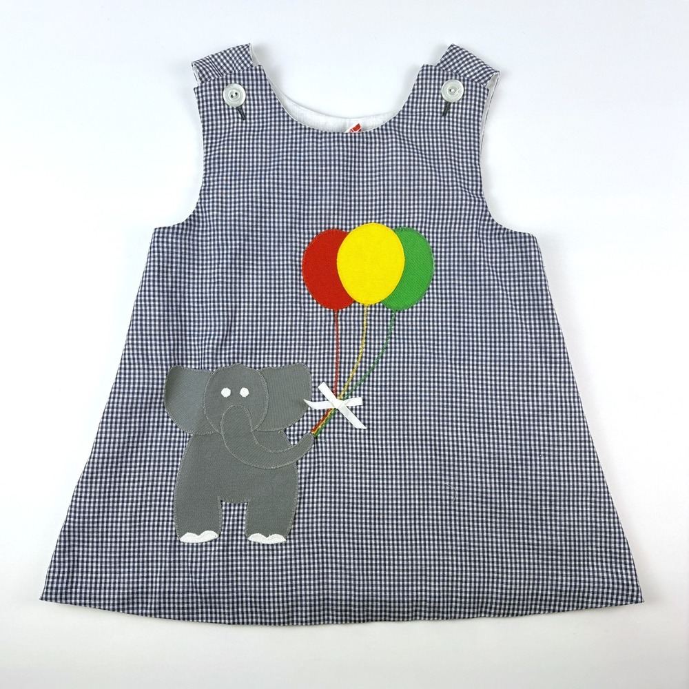 VTG Kellys Kids Blue Gingham Jumper Girls 3T Elephant w/ Balloons Applique Dress